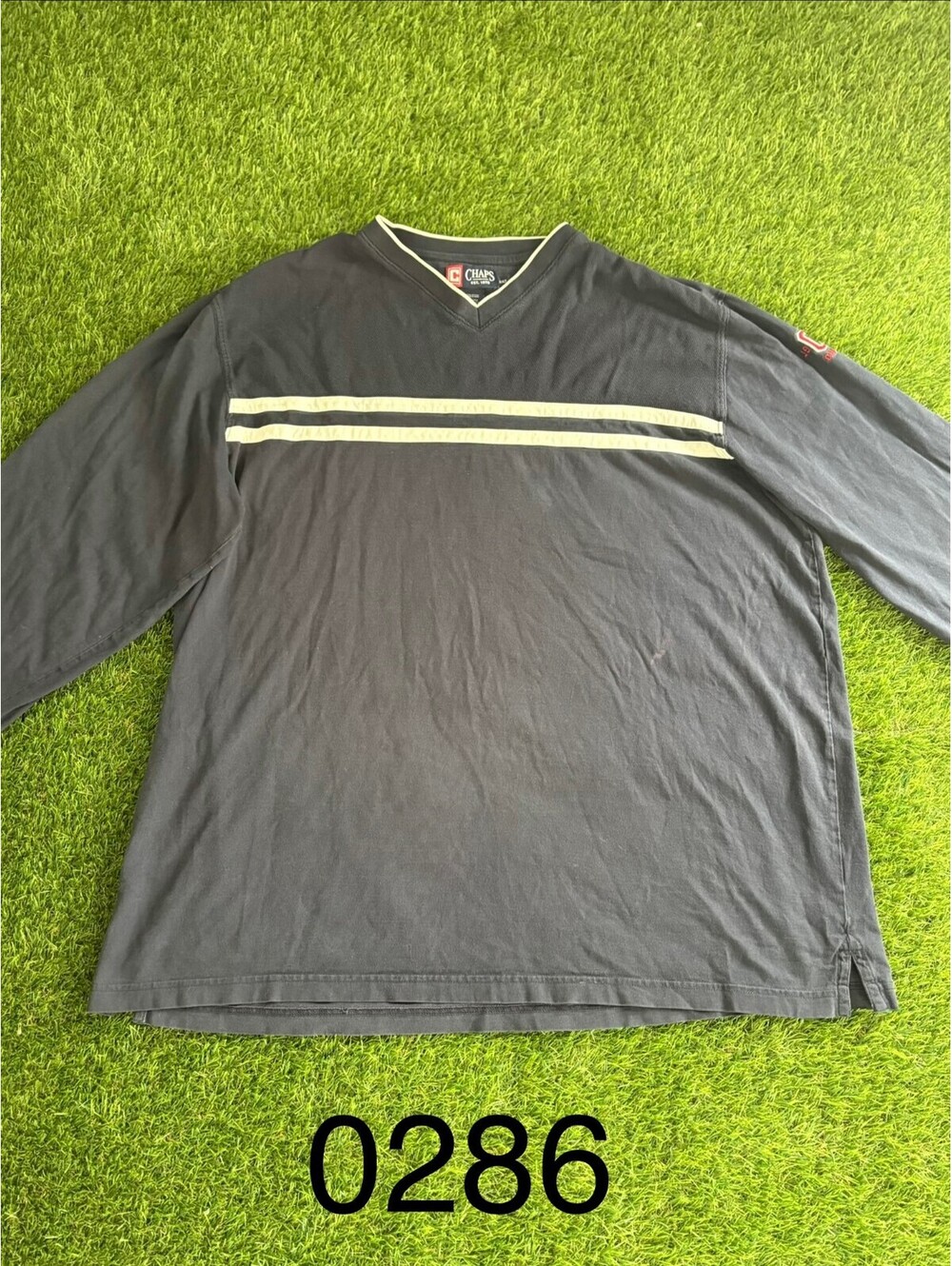 Vintage Chaps Long Sleeve V-Neck Shirt with White Stripes